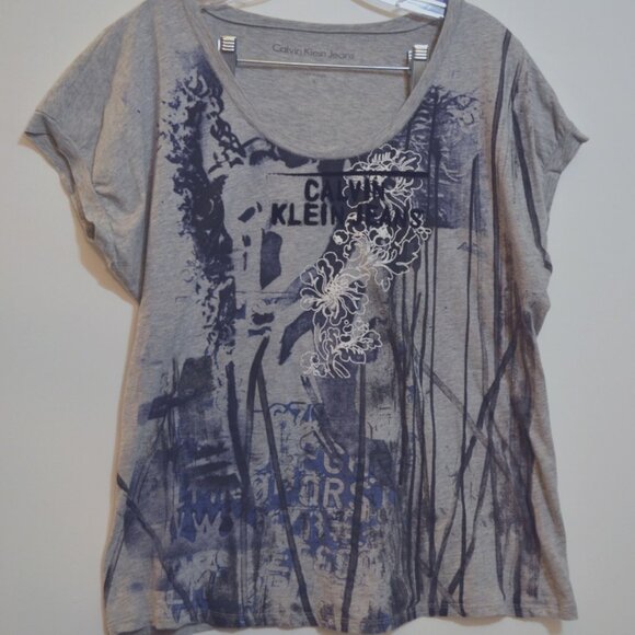 Calvin Klein Jeans Sign Prints Tie Dye Design Gray-Blue-Black Soft Top Tee XL - Picture 1 of 6